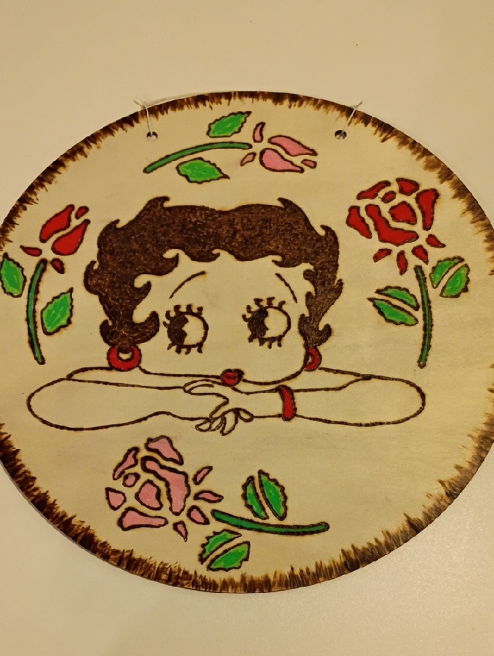 Betty Boop Floral Wood Burning Medallion - Cream, Brown, Pink, Red, Green